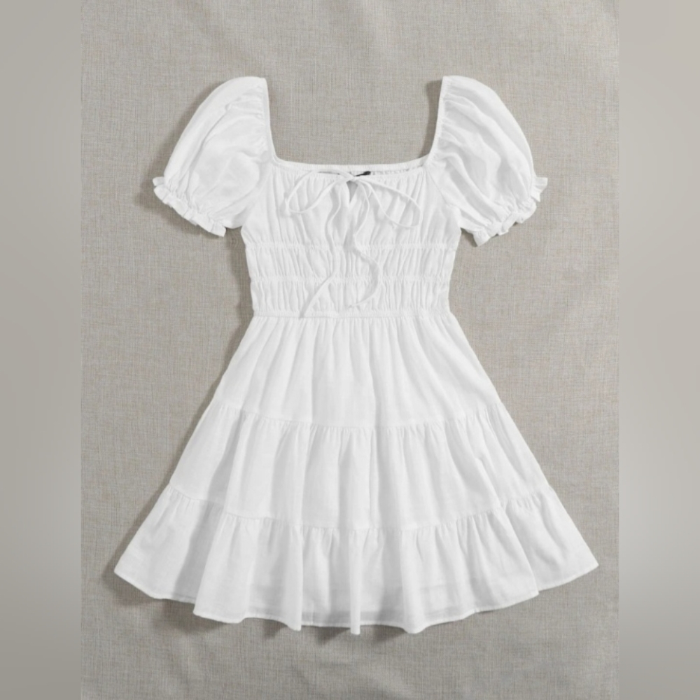 New Tie Neck Ruched Bust Tiered Dress - Picture 1 of 5